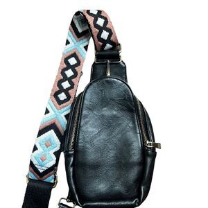 Unbranded Black Vegan Leather Sling Bag Embroidered Strap